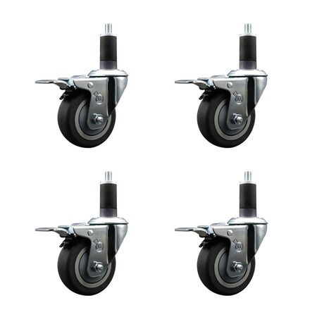 Service Caster 3.5'' SS Thermoplastic Rubber Swivel 1-1/4'' Expanding Stem Caster Set Total Lock Brake, 4PK SCC-SSEXTTL20S3514-TPRB-114-4